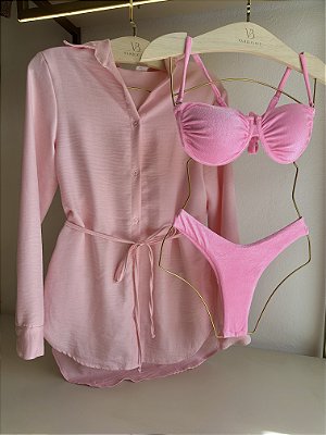 Top aro 815 meia taça drapeado + calcinha 012 asa delta velour rosa
