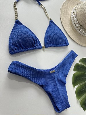 Top cortininha com corrente ouro Shine Bic + calcinha asa delta