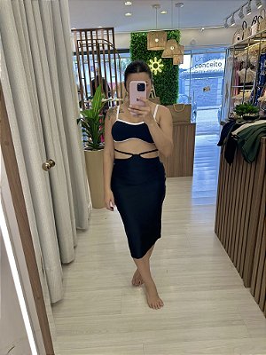 Saia midi com amarrações cintura glow preta