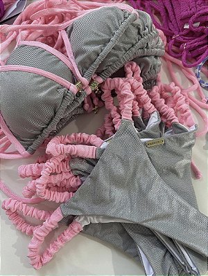 Cortininha com bojo 018 + calcinha frufru capri Prata e rosa