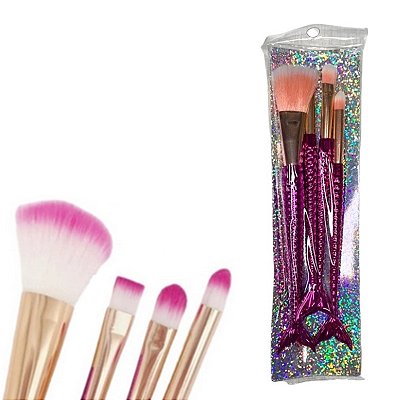 Kit com 4 Pincéis de Maquiagem – Cabo Sereia, Cores Sortidas