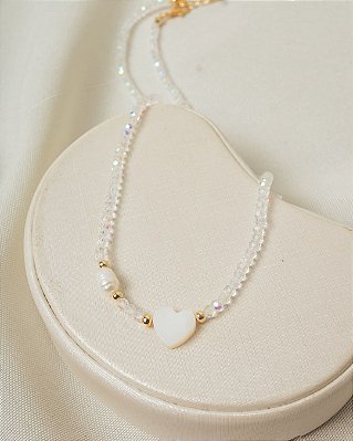 Colar Cristal com Coração Madrepérola Furta-cor