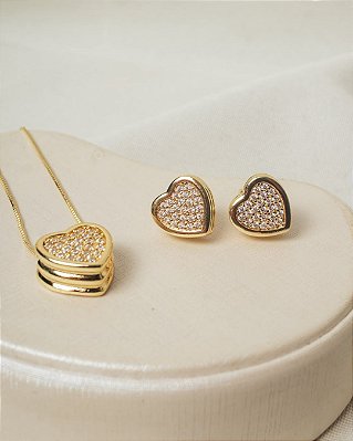 Conjunto Coração com Zircônia - Dourado