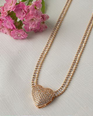 Colar Riviera com Coração Cravejado - Dourado