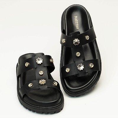 Papete Rafitthy Preta com Flores Douradas