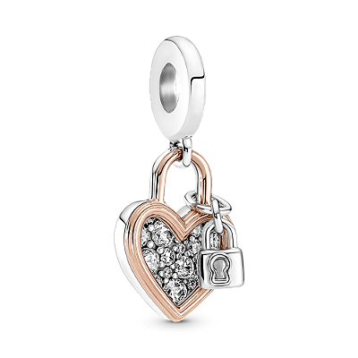Charm Pendente Coração e Cadeado em Dois Tons