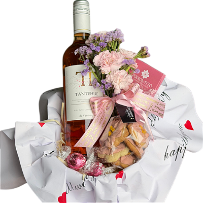 Cesta Presente com Vinho Rosé Seco e Chocolate Lindt