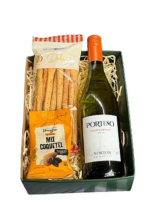 Cesta Presente com Vinho Branco e Petiscos
