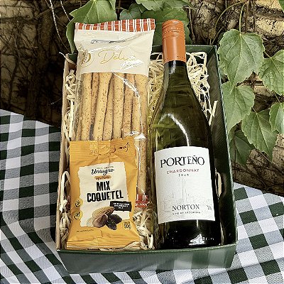 Cesta Presente com Vinho Branco e Petiscos