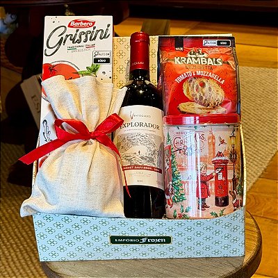 Cesta de Natal com Vinho Tinto e Biscoitos