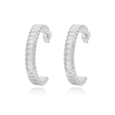 Brinco Argola Média Cravejada Zircônias Baguetes Folheado Ródio Branco