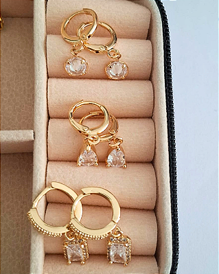 Trio de Brincos Argolas Pequenos com Zircônias Folheado a Ouro 18K