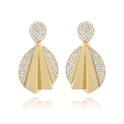 Brinco Leque Zircônia Folheado Ouro 18k