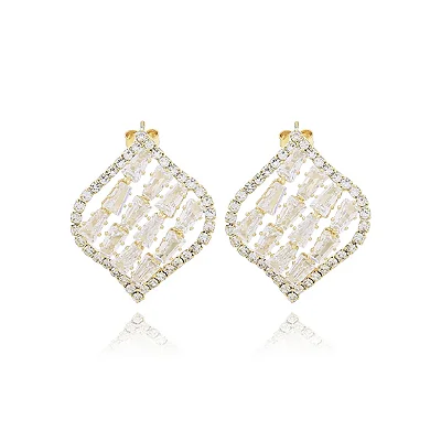 Brinco Folha Zircônia Baguete Ouro 18k Feminino