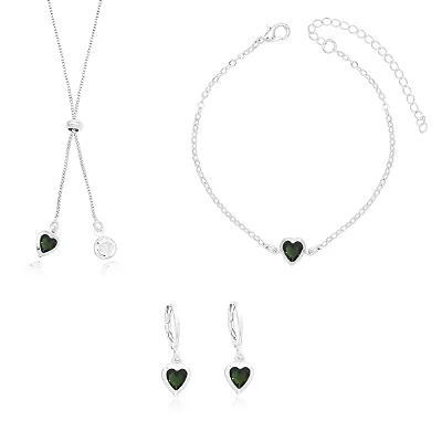 Conjunto Coração Strass Folheado Prata 1000