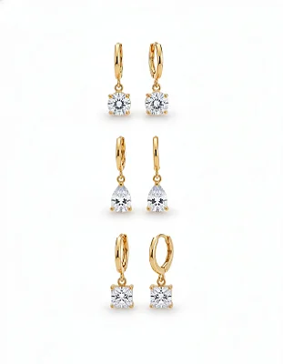 Trio de Brincos Argolas Pequenos com Zircônias Folheado a Ouro 18K
