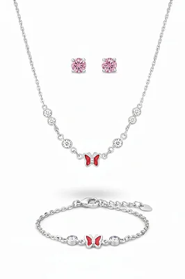 Conjunto Infantil Borboleta Rosa com Pedrinha Prata