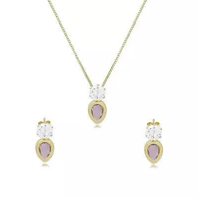 Conjunto Pedras Zircônias Redonda e Gota Banhado Ouro 18K