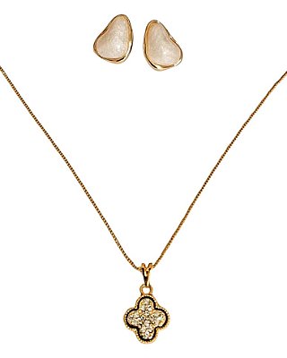 Conjunto Trevo Cravejado e Brincos Orgânicos Perolados Banhado a Ouro 18k