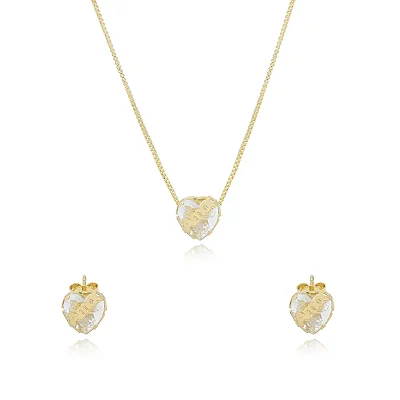 Conjunto Pedra Zircônia Coração Escrito Amor Folheado Ouro 18K