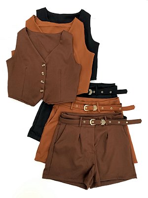 Conjunto em Alfaiataria Colete e Shorts com Cinto Kauane Ref. 1742