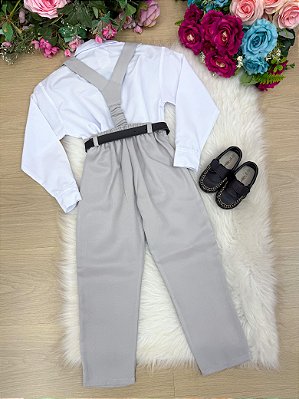 Conjunto Meninos Miss Cherry Leo Suspensorio Cinza Claro