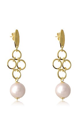 Brinco Grande de Fio com Circulo Dourado e Pérola Banhado em Ouro 18k