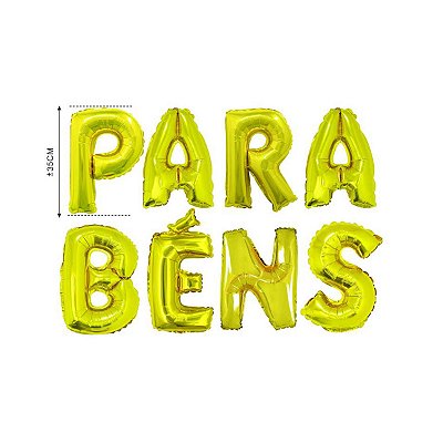 Balao Metalizado Parabens Dourado C/Canudo 16"