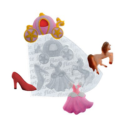 Molde de  Silicone 711 - Carruagem + Cinderela + Vestido + Sapatinho de Cristal