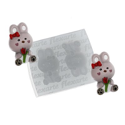 Molde de  Silicone 821 - Dupla de Coelhos Peq -  c/ Flor e Laço