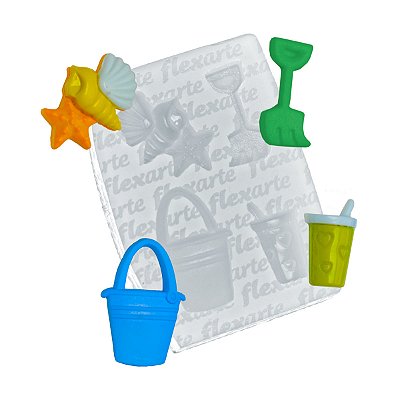 Molde de  Silicone 920 - Conjunto Praia Verão 3 - Baldinho + Pazinha + Conchas