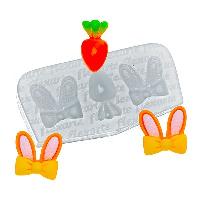 Molde de  Silicone 923 - Par de Orelhas de Coelho c/ Laço + Cenoura - Páscoa
