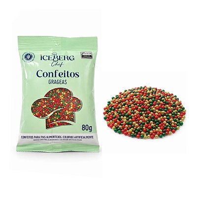 Confeitos Grageas  ED  NATAL 80g - Verde, Vermelho e Dourado