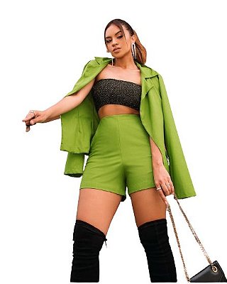 Conjunto Feminino Linho Blazer Short Top Lurex Faixa