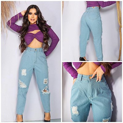 calça mom jeans Feminina Wide Leg