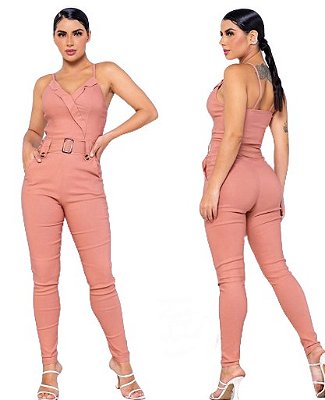 Macacão jardineira Feminina Longo com cinto e Bojo