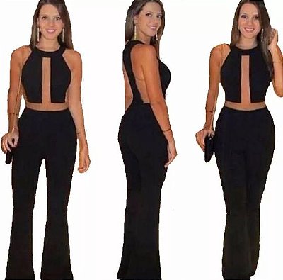 Macacão Macaquinho Com Decote Tule Feminino Preto