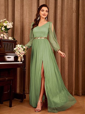 Vestido de Festa Simples e Elegante Rosé e verde Decote V