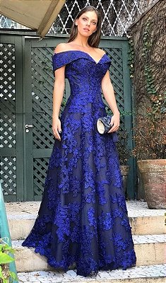 Vestido Azul Royal Madrinha de Festa Tule Bordado Casamento Formatura