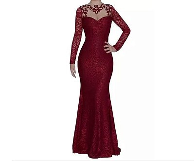 vestido manga longa de tule bordado de festa marsala