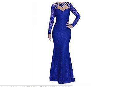 vestido manga longa de tule bordado de festa Azul Royal