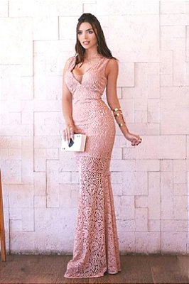 Vestido Rosê Longo Estilo Sereia Madrinha casamento em renda