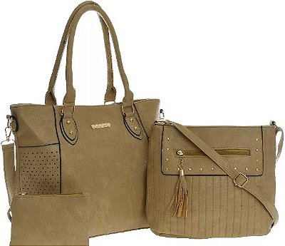 Bolsa Feminina em couro Transversal Ombro Bege Kit 3 peças