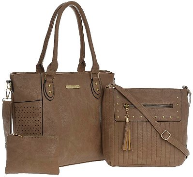 Bolsa Feminina em couro Transversal Ombro Tabaco Kit 3 peças