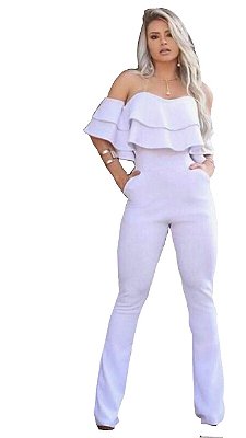 Macacão Branco feminino social de babado flare ciganinho