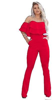 macacão feminino social de babado flare ciganinho Vermelho