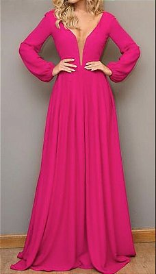 Vestido Longo Gode manga longa Festa Madrinha casamento Rosa Pink