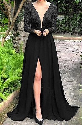 Vestido Preto Fenda Longo Festa Madrinha casamento Formatura