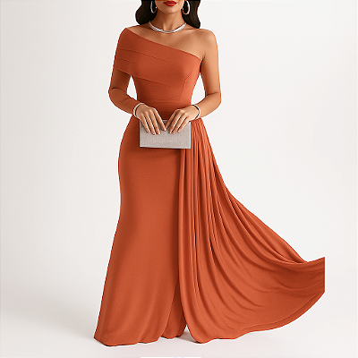 VESTIDO LONGO MADRINHA MANGA ÚNICA FORRADO COM BOJO