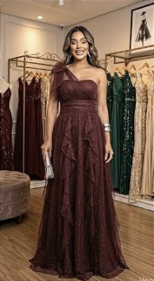 Vestido de Festa Longo Tule Ombro Único Madrinha Formatura Glitter - Marsala Rose Lavender Preto Verde